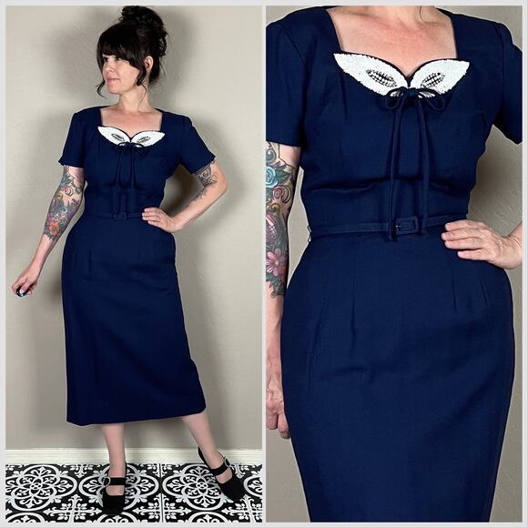 Vintage 1950s Royal Blue Short Sleeve Belted Wiggle Dress - Picture 1 of 8